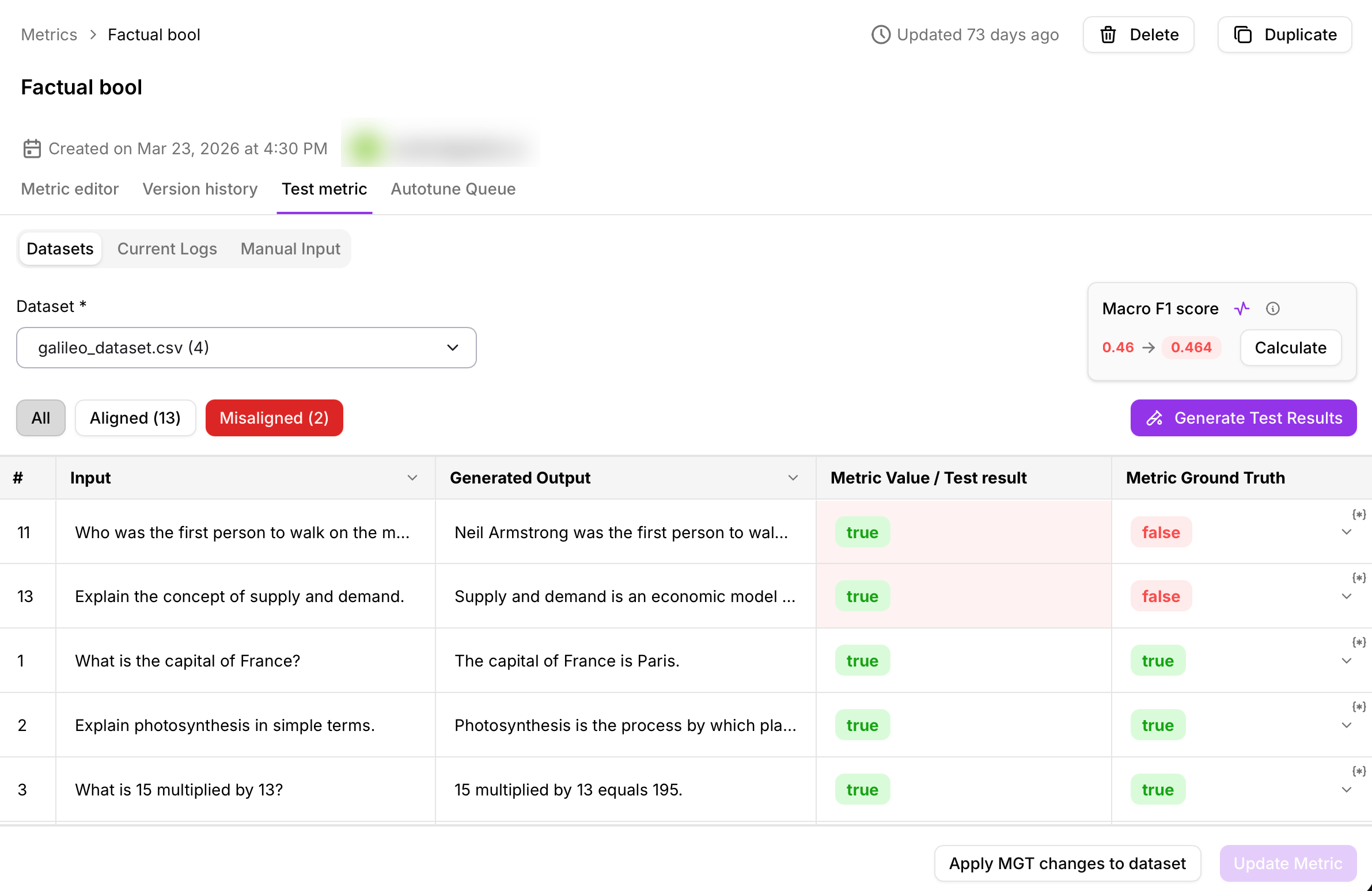 Test metrics using datasets screenshot