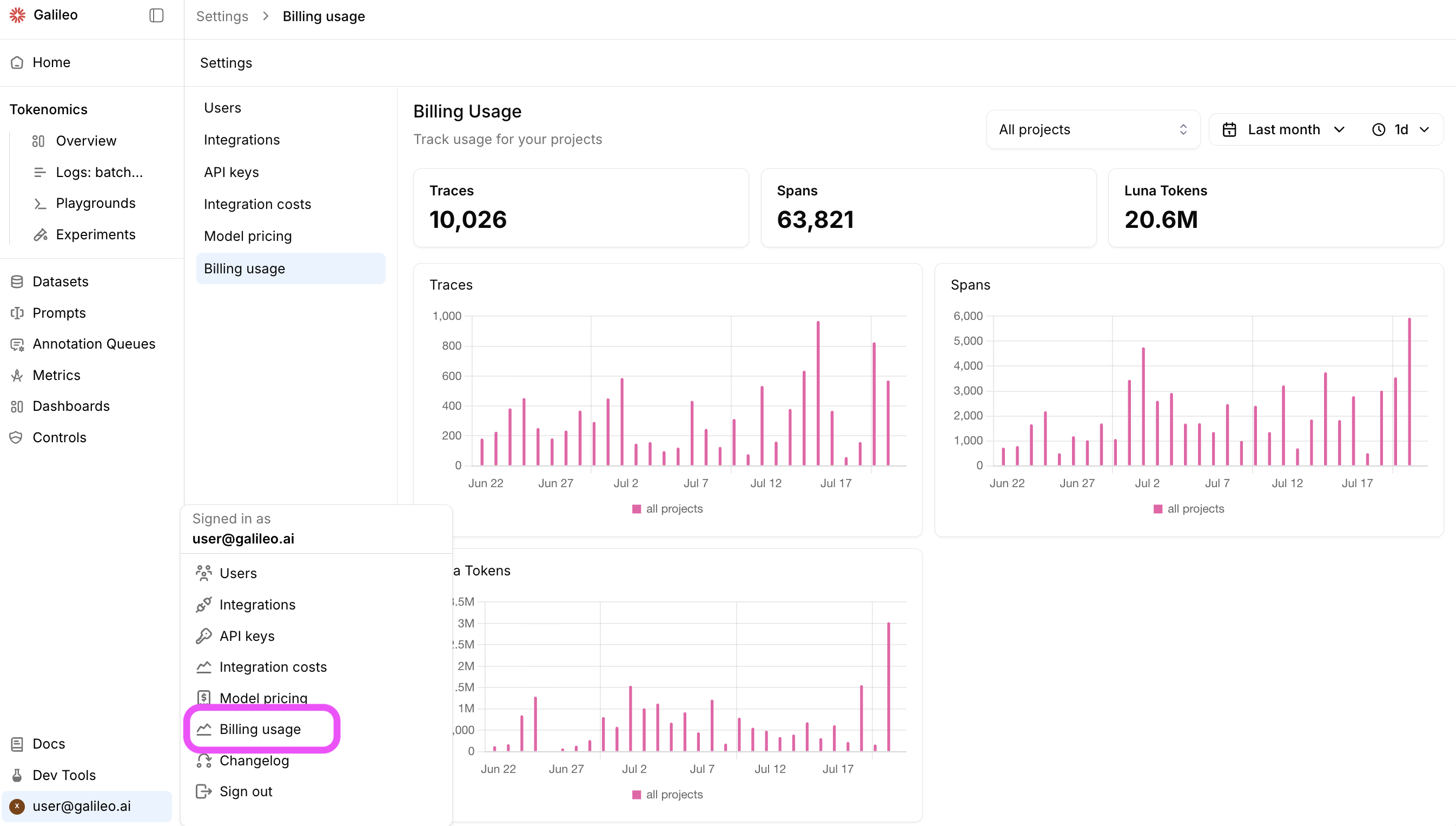 Billing Usage page