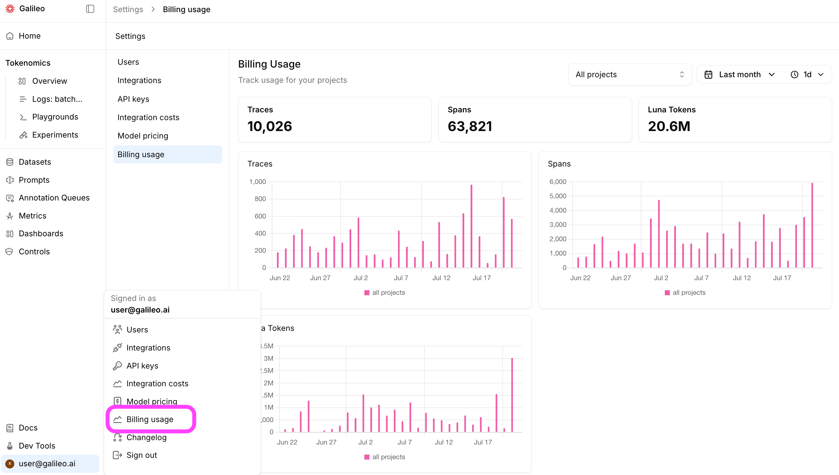 Billing Usage page