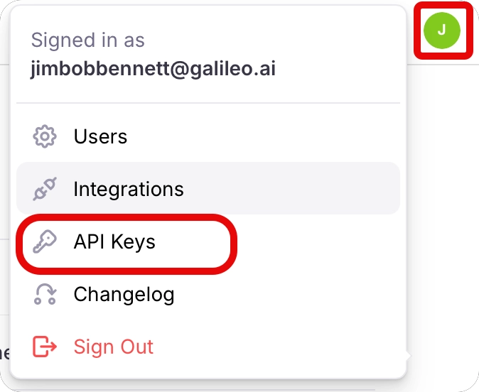 The API key menu