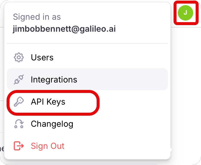 The API key menu