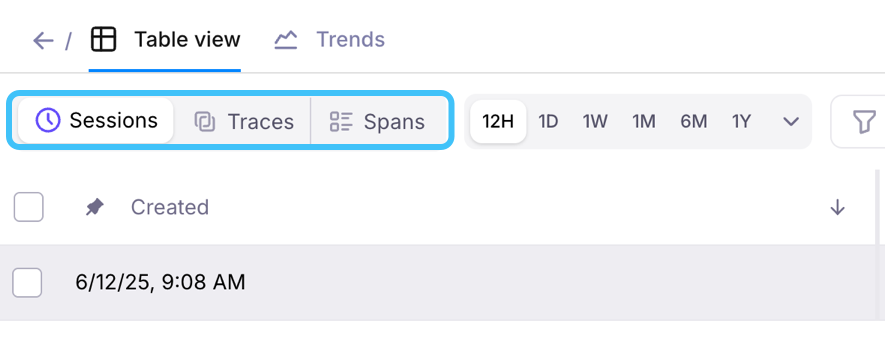 Event-group controls for selecting Session, Trace, or Span granularity