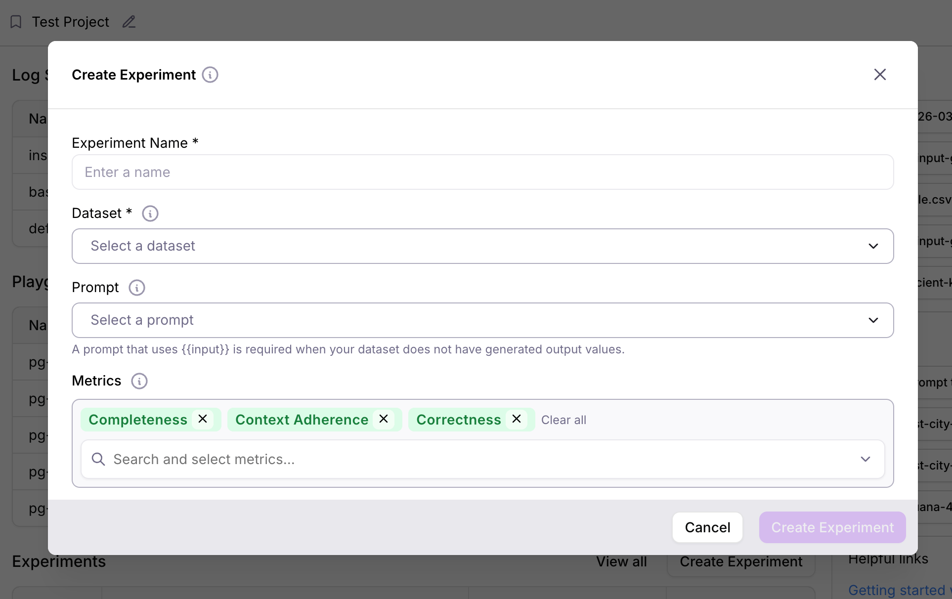Create Experiment modal