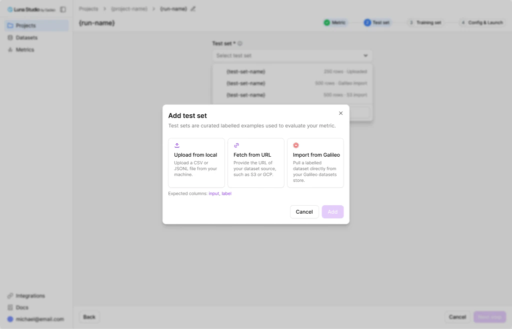 Add test set modal