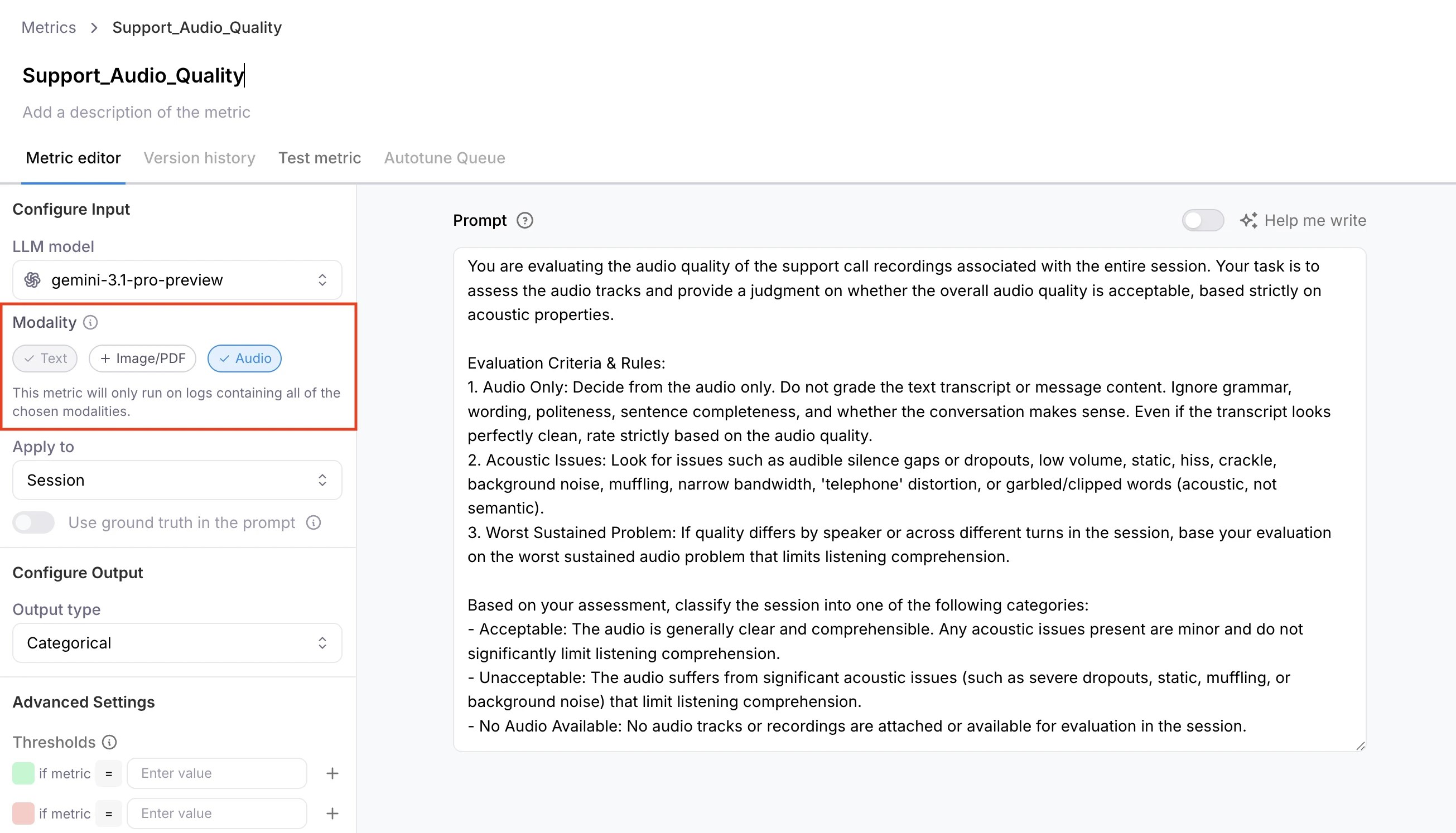 The custom metric editor showing Audio modality selected, an LLM model configured, and a judge prompt for evaluating audio quality