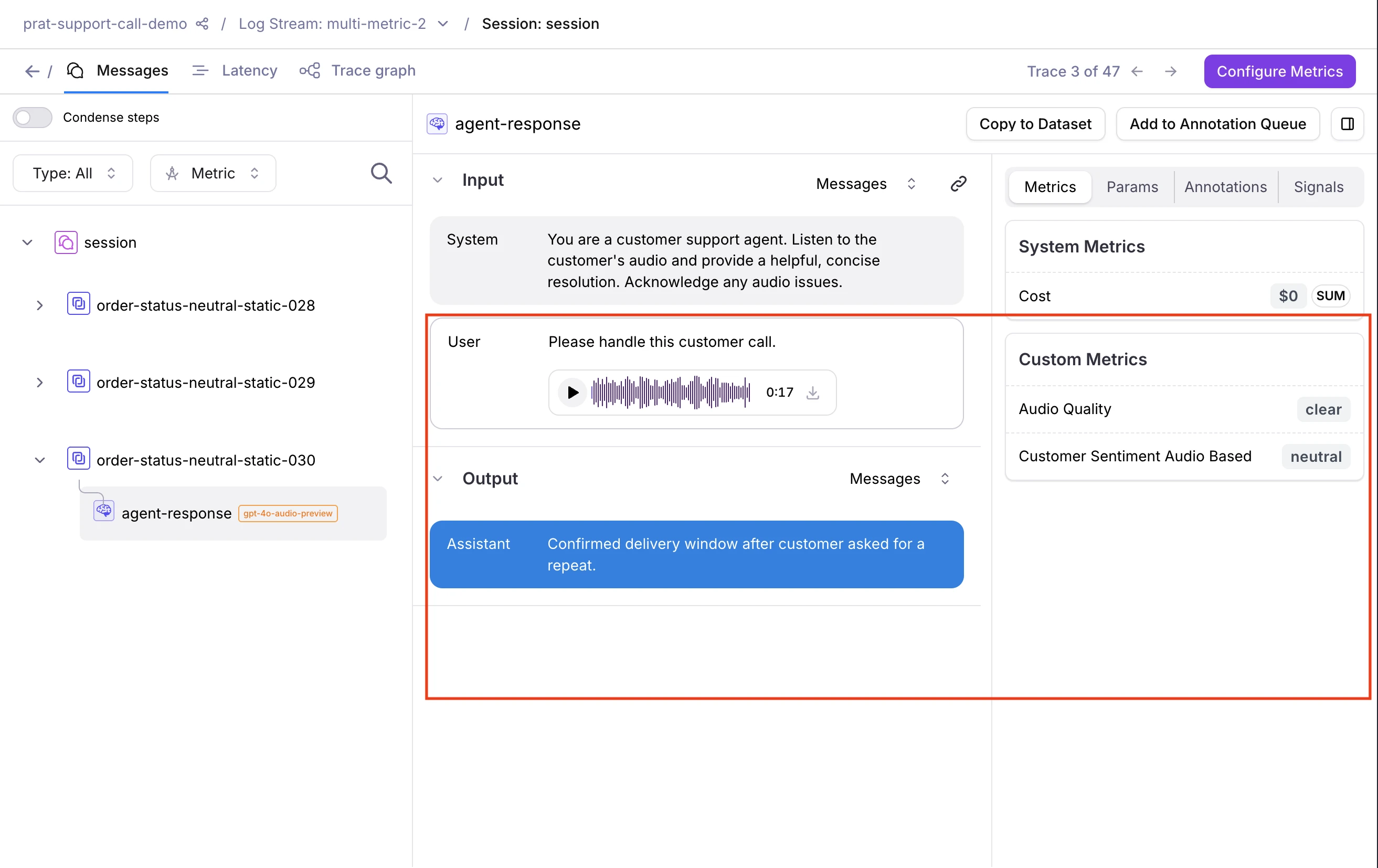 An audio trace in the Galileo Log stream showing an inline waveform player in the user input, a text output from the assistant, and audio quality metrics in the side panel