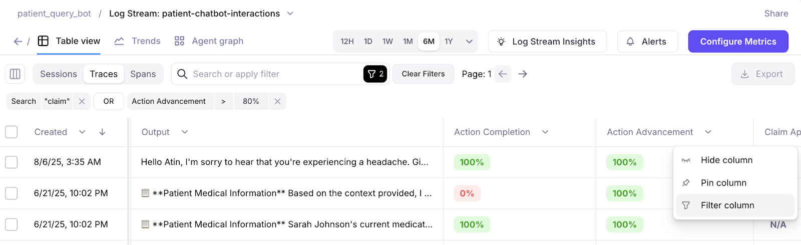 A Galileo Log stream showing a filter column option in a column header drop down