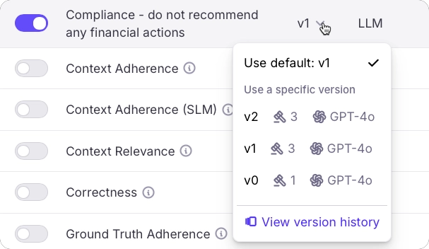 The version selector for a metric for a log stream