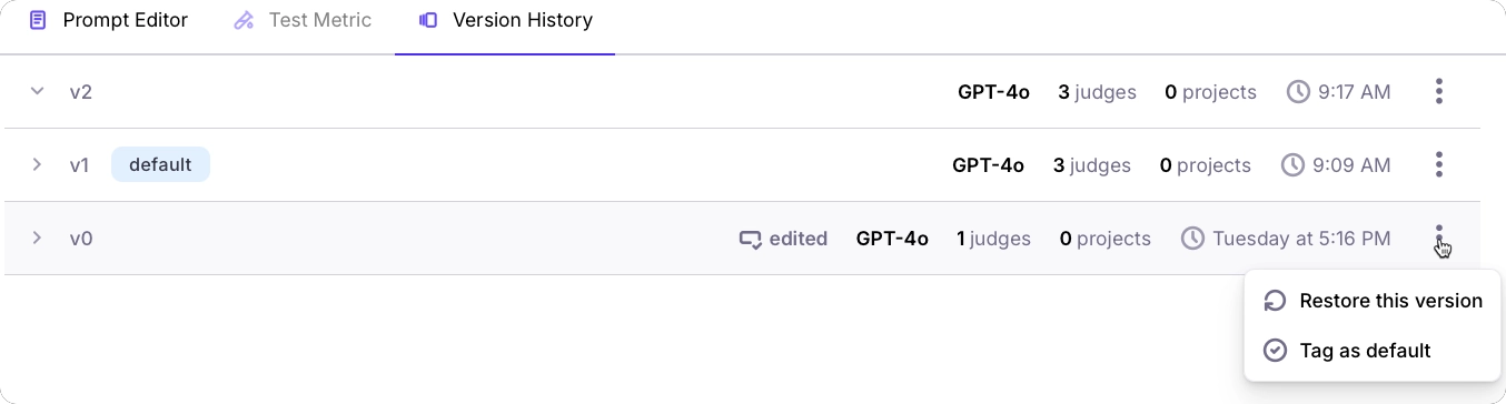 The version history item menu with options to restore this version or tag as default