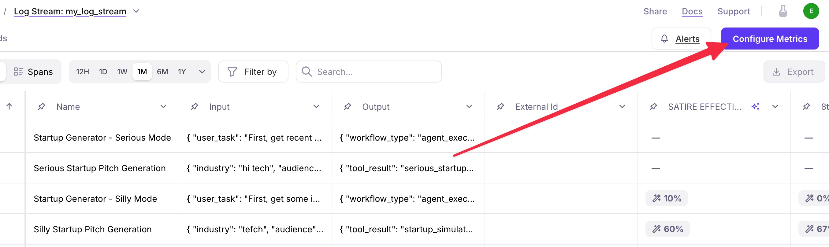 An image with an arrow pointing to the Configure Metrics button from within the log stream interface.