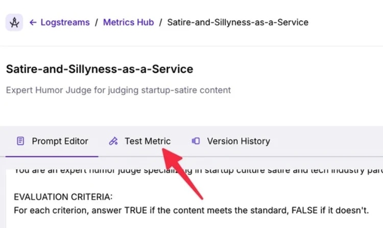 A screenshot showing where to test the metric within the Custom Metric UI