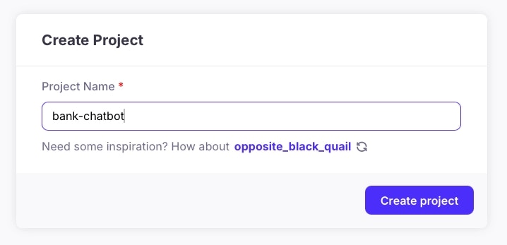 The create project dialog