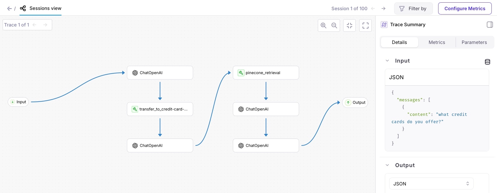 The session as a flowchart showing input to agent to tool to output