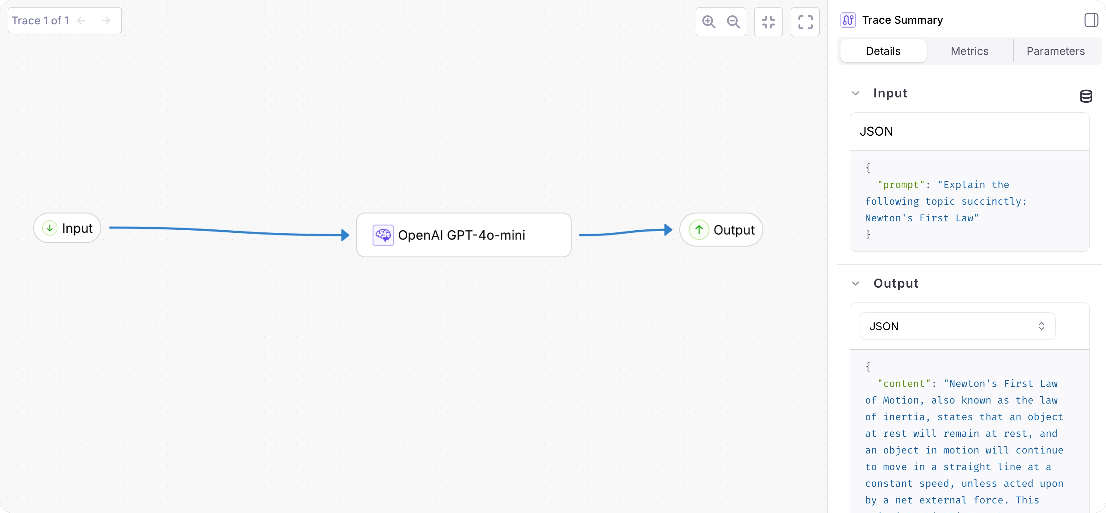 A trace with an input, OpenAI span, and an output