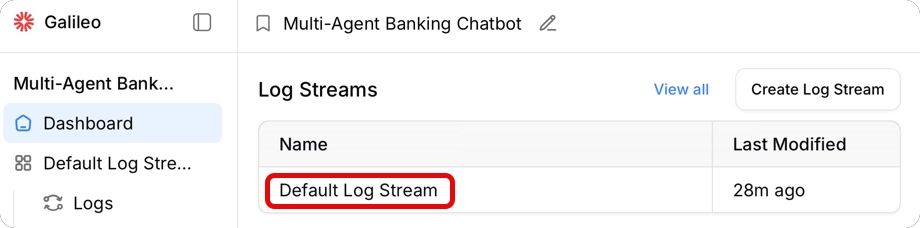 The default Log stream in the project dashboard