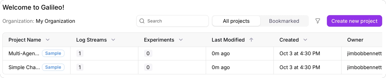 A list of sample projects in a new organization