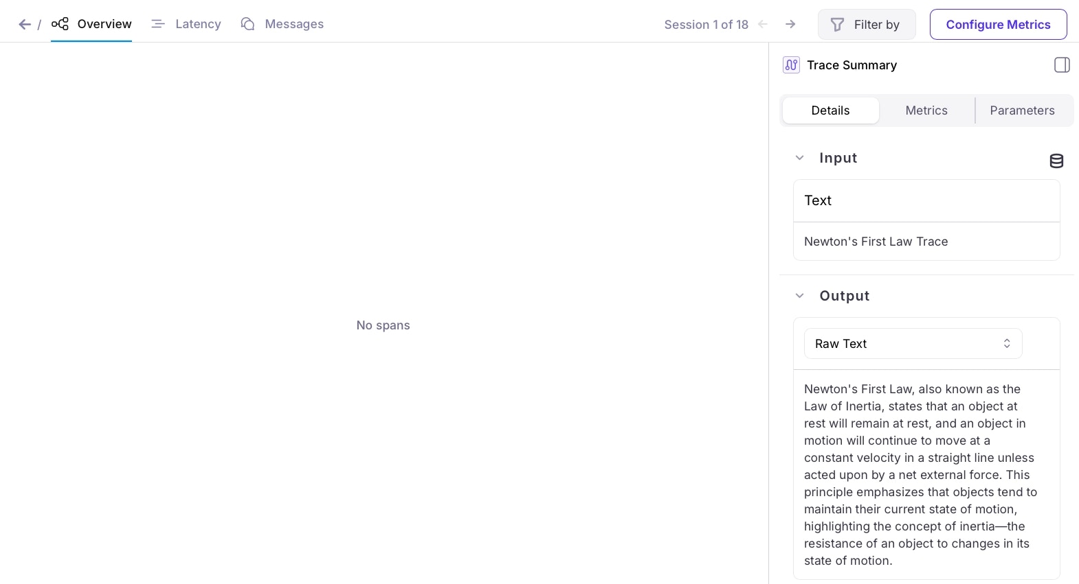 A trace details showing no spans