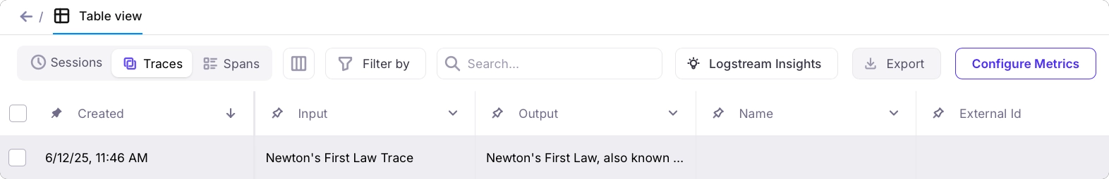 A trace in a table showing the input and output