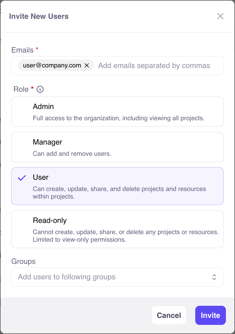 Image shows the pop up when inviting new users to Galileo and the system role options provided