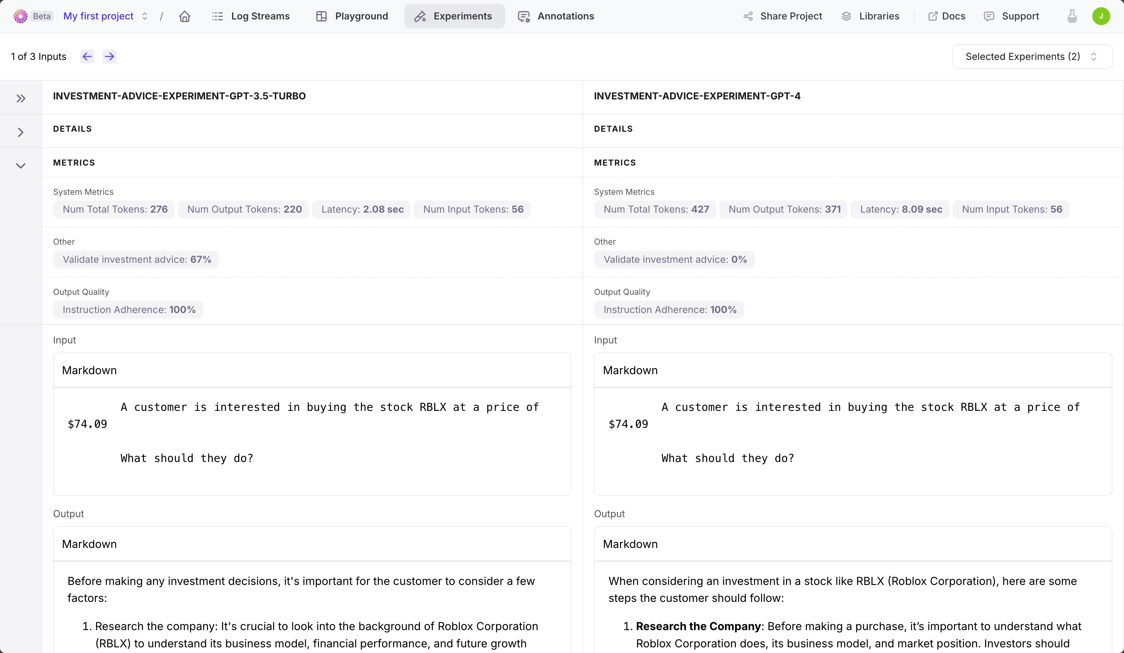 2 experiments side by side showing metrics, input prompt and output