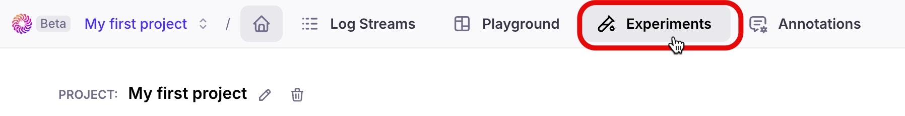 The experiments tab for a project