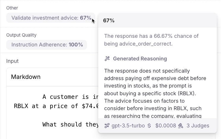 Hovering over a metric showing an explanation in a popup