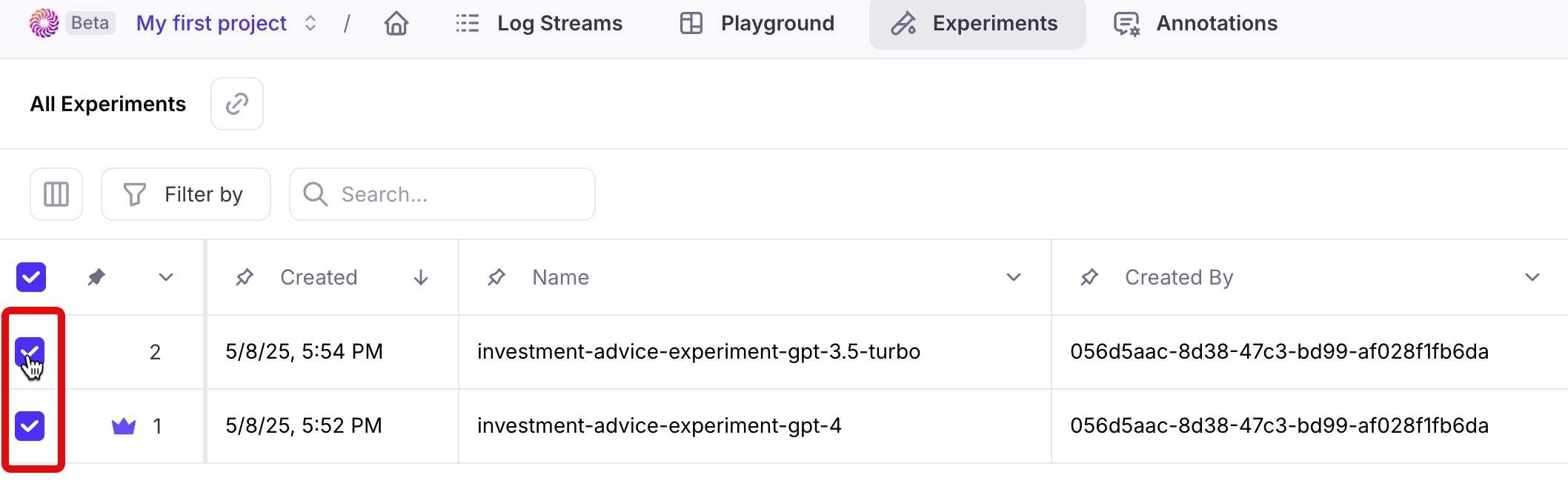 The experiments tab with check boxes checked on the left of two experiments