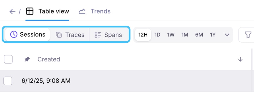 Event-group controls for selecting Session, Trace, or Span granularity