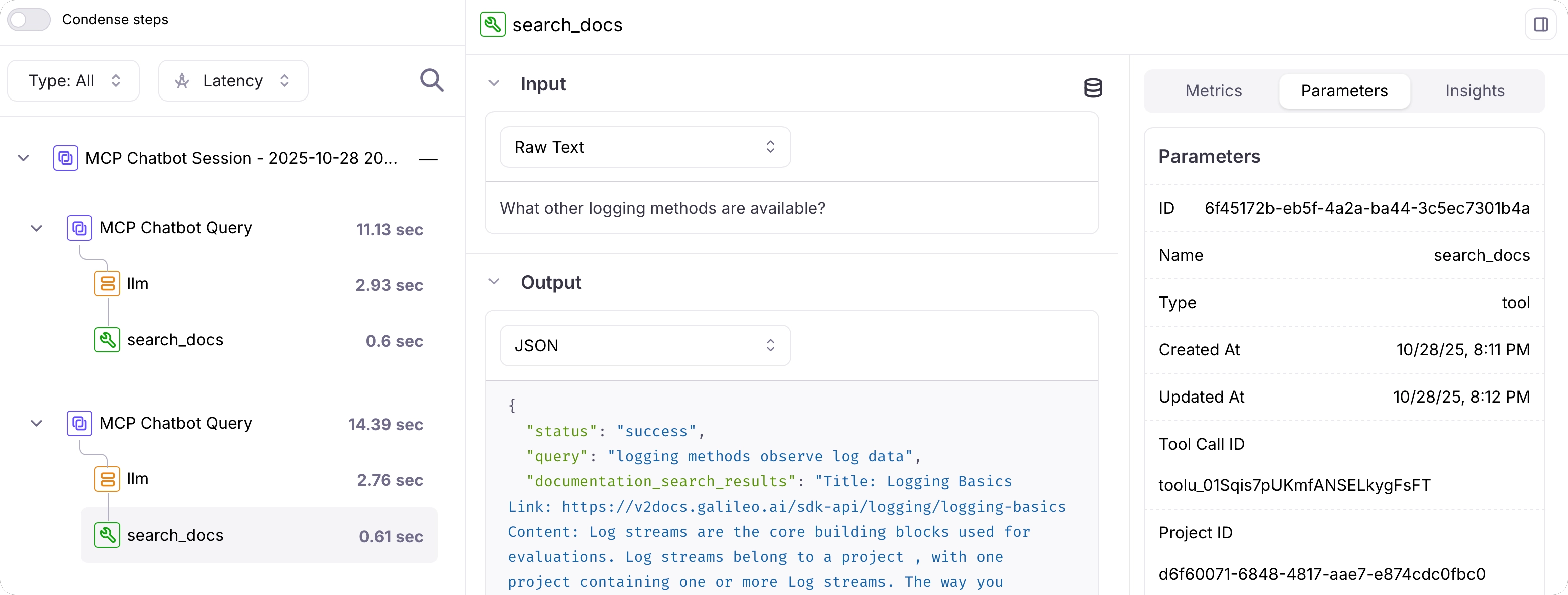 A session with 2 traces, each with an LLM span and a tool span