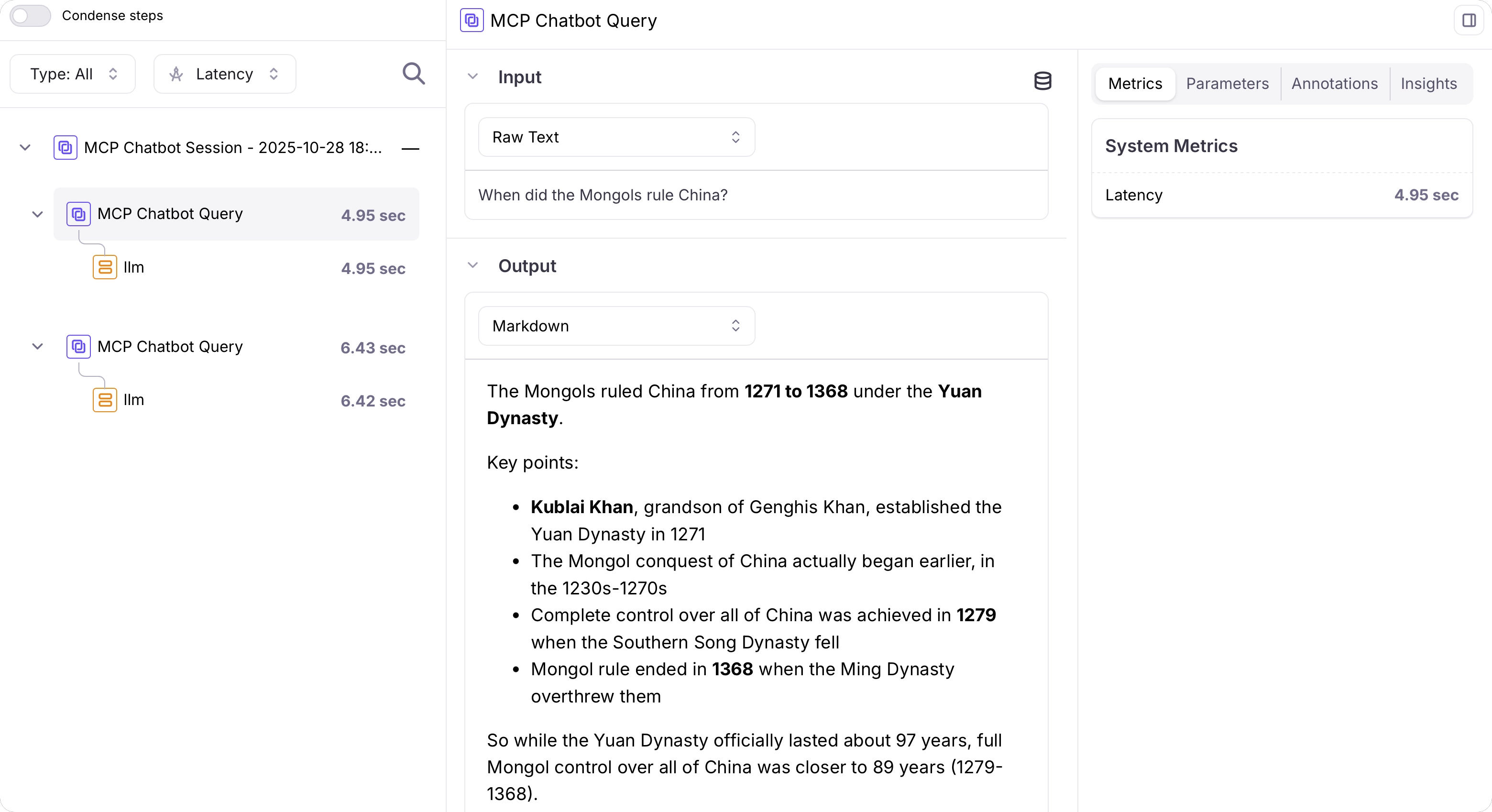 A session with 2 traces, each with an LLM span
