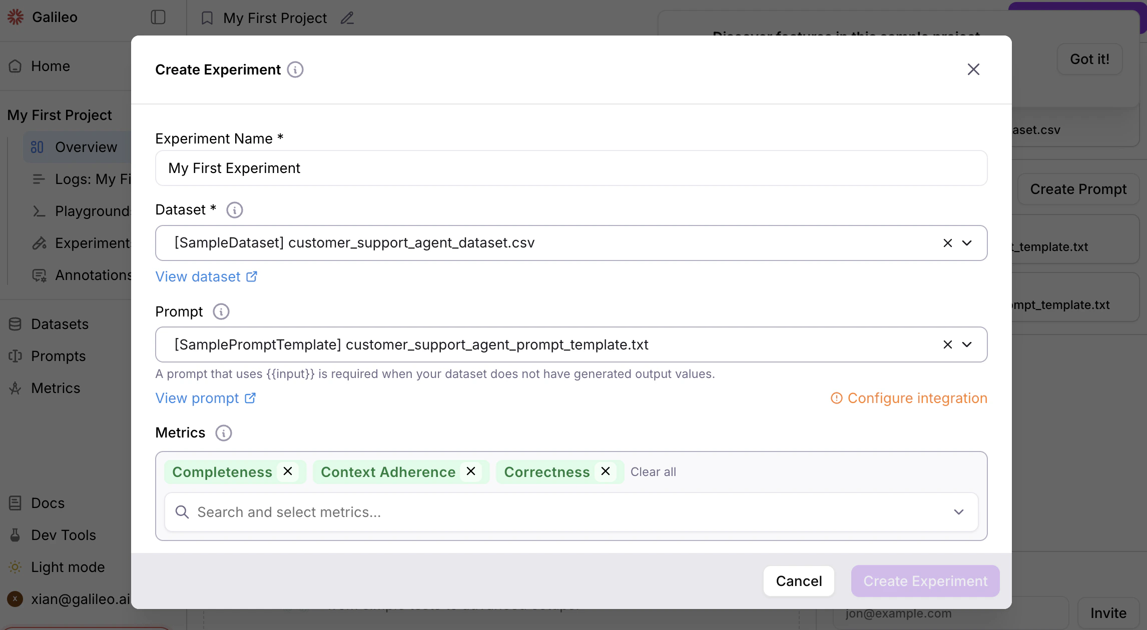 Create Experiment modal