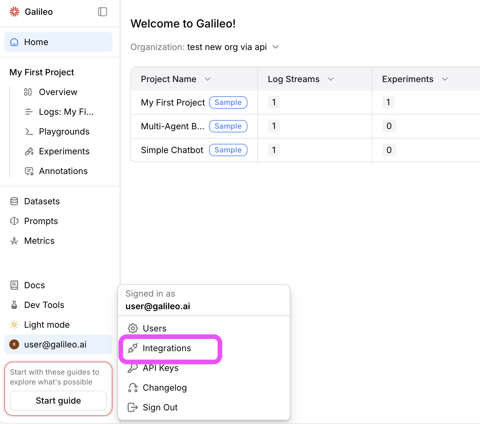 Integrations user menu