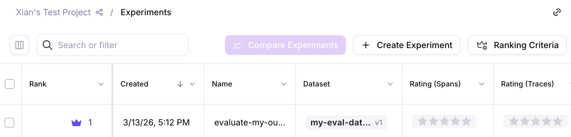 Create Experiment button