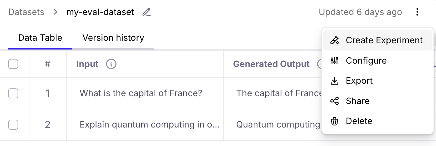 Create Experiment menu in Datasets