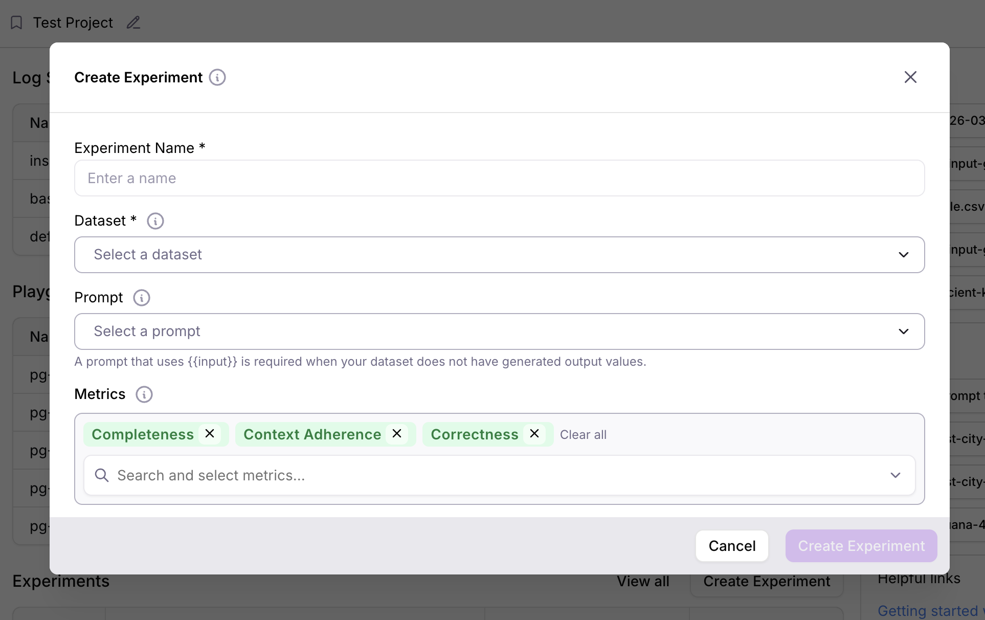 Create Experiment modal