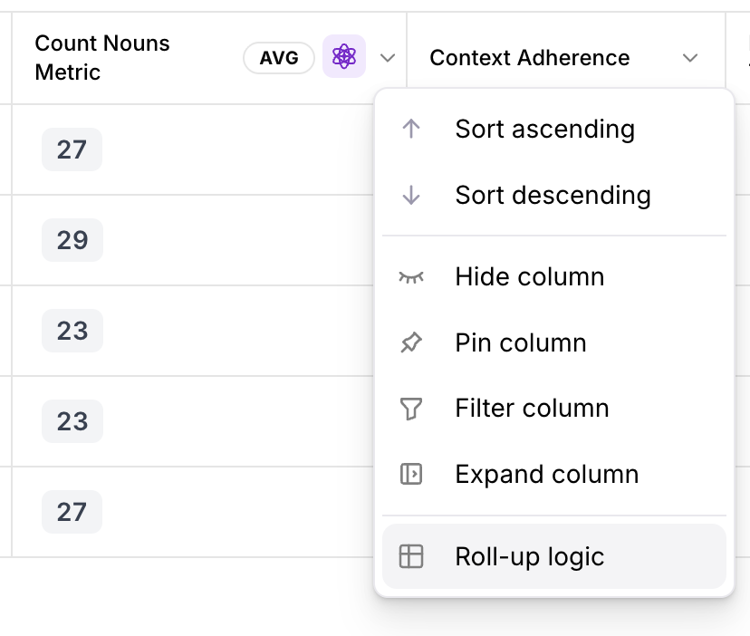 Metric roll-up logic menu item (existing metric)