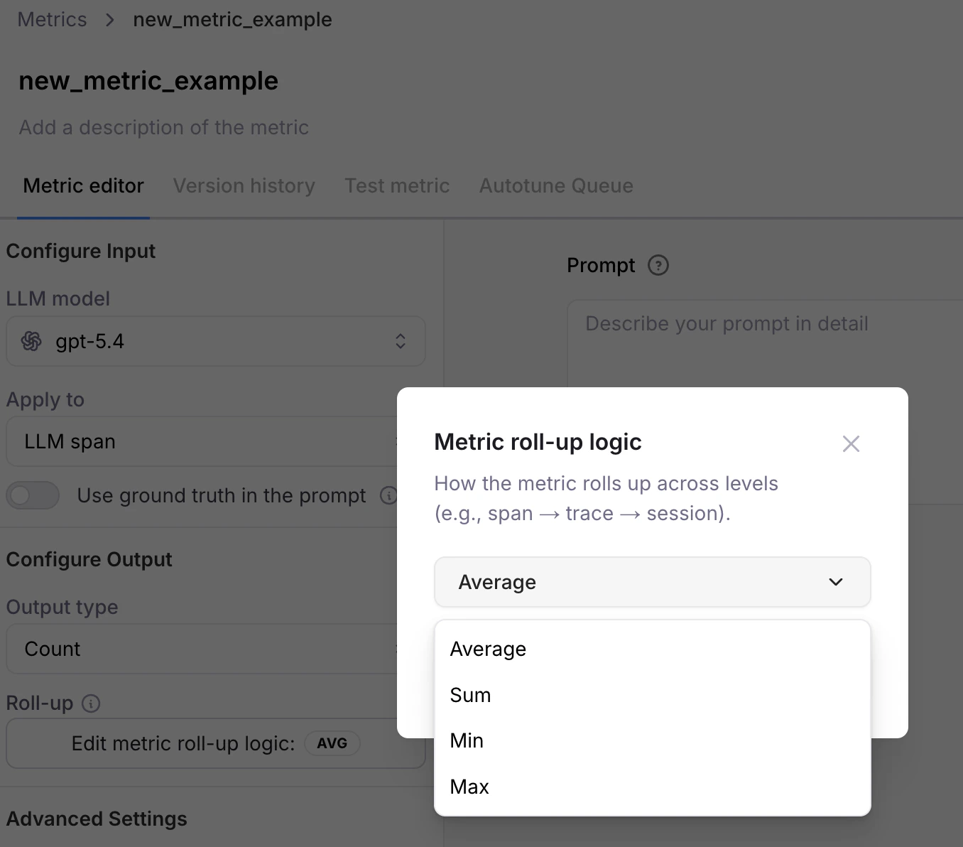 Metric roll-up logic modal (a new metric)