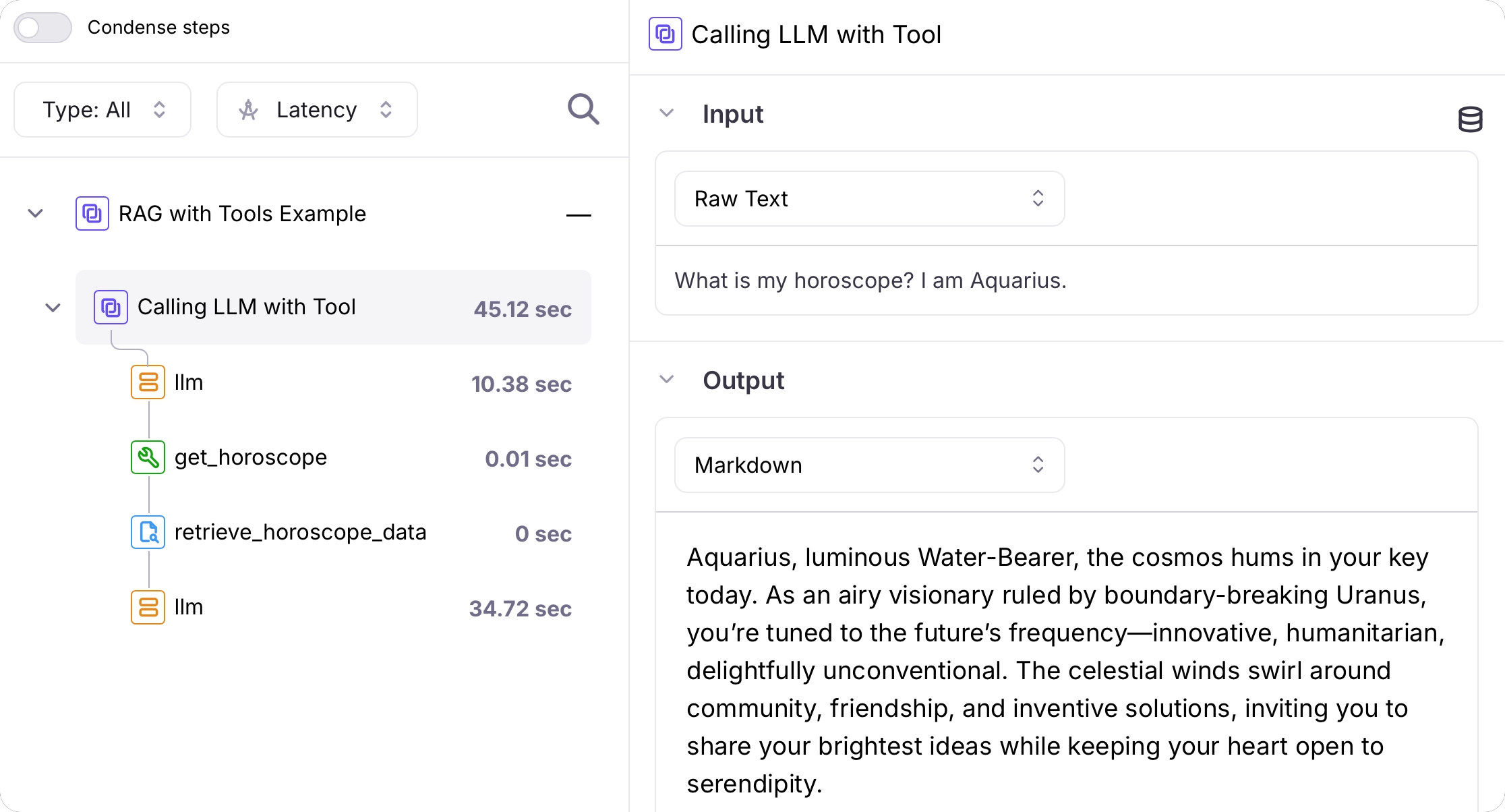 A trace with 2 LLM spans, a tool span, and a retriever span