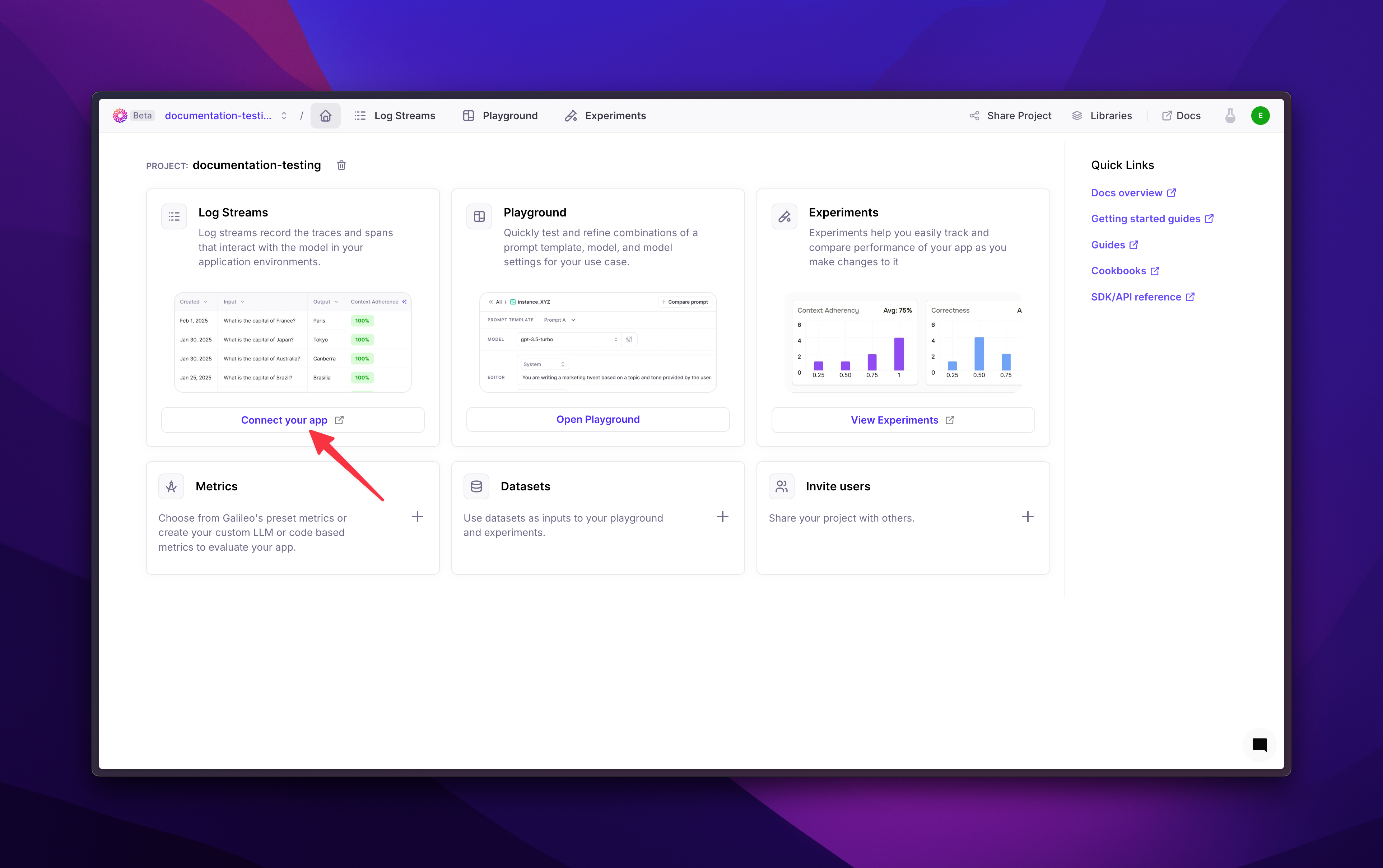 Click Connect your app to create a new Log stream