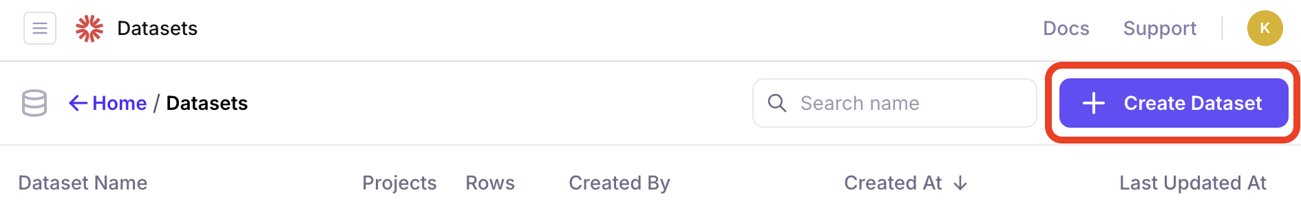 Dataset create dataset button