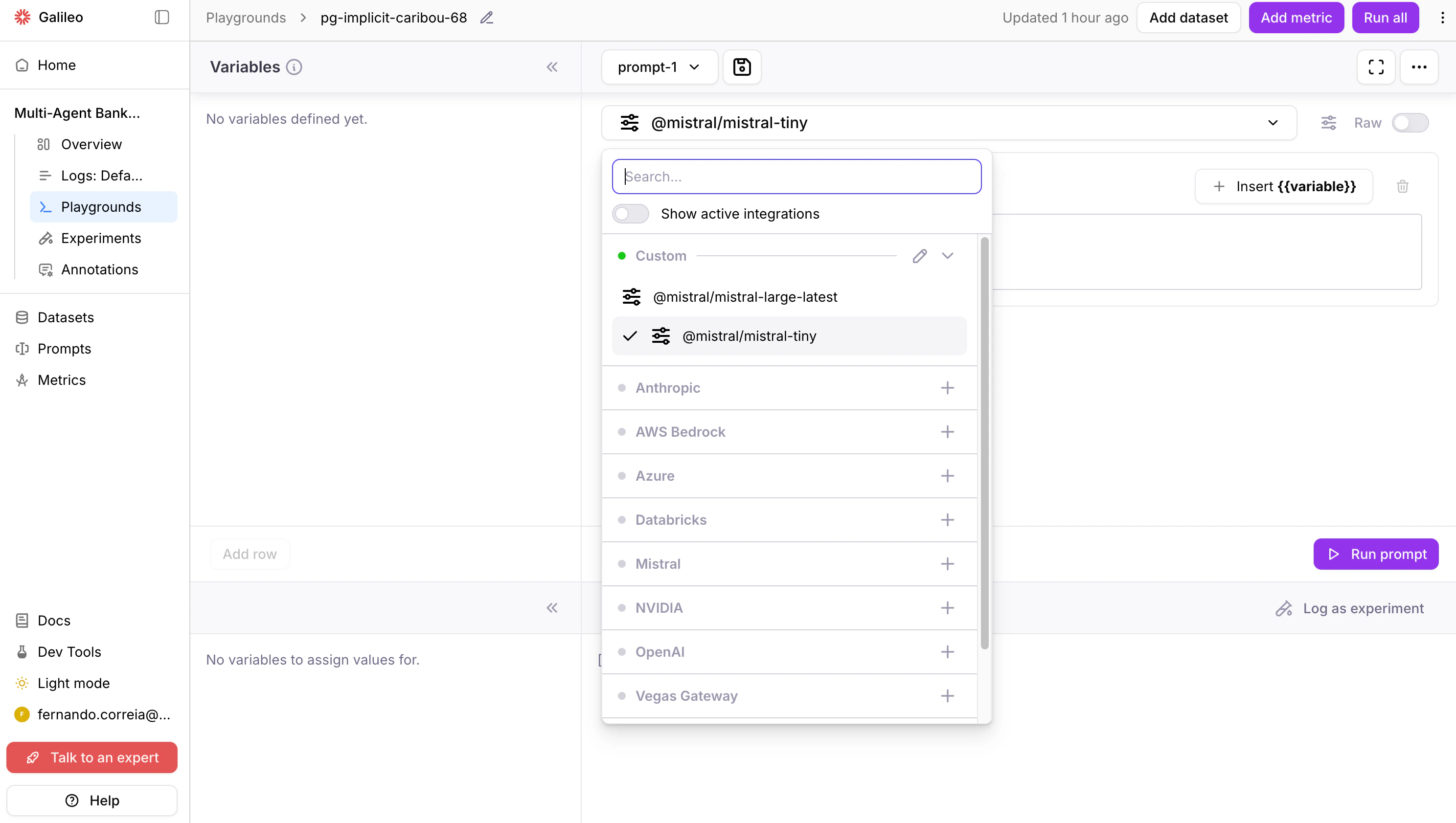 Selecting the custom integration model in the Playground