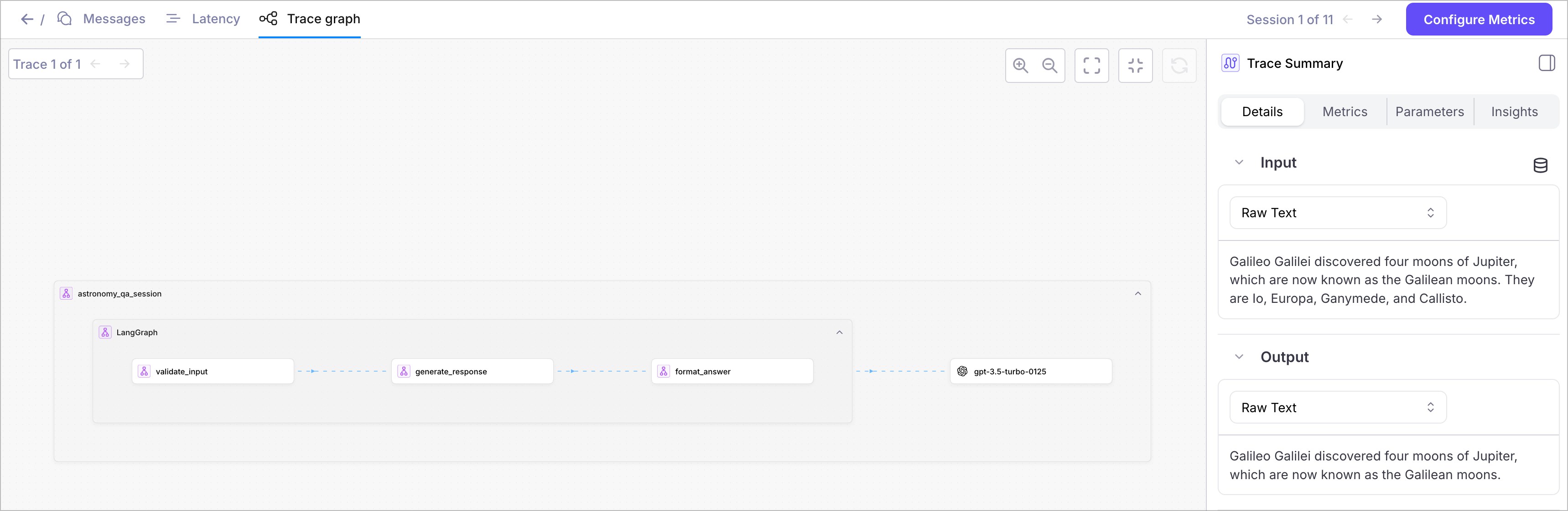 Galileo dashboard showing OpenTelemetry trace graph view with LangGraph workflow spans
