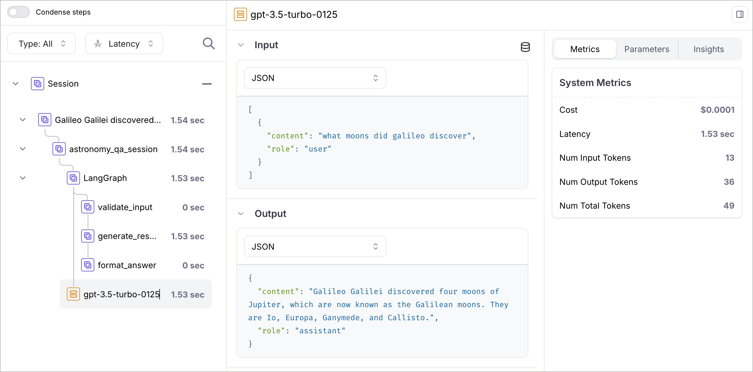 Galileo dashboard showing OpenTelemetry conversation view with detailed LLM call breakdowns and token usage