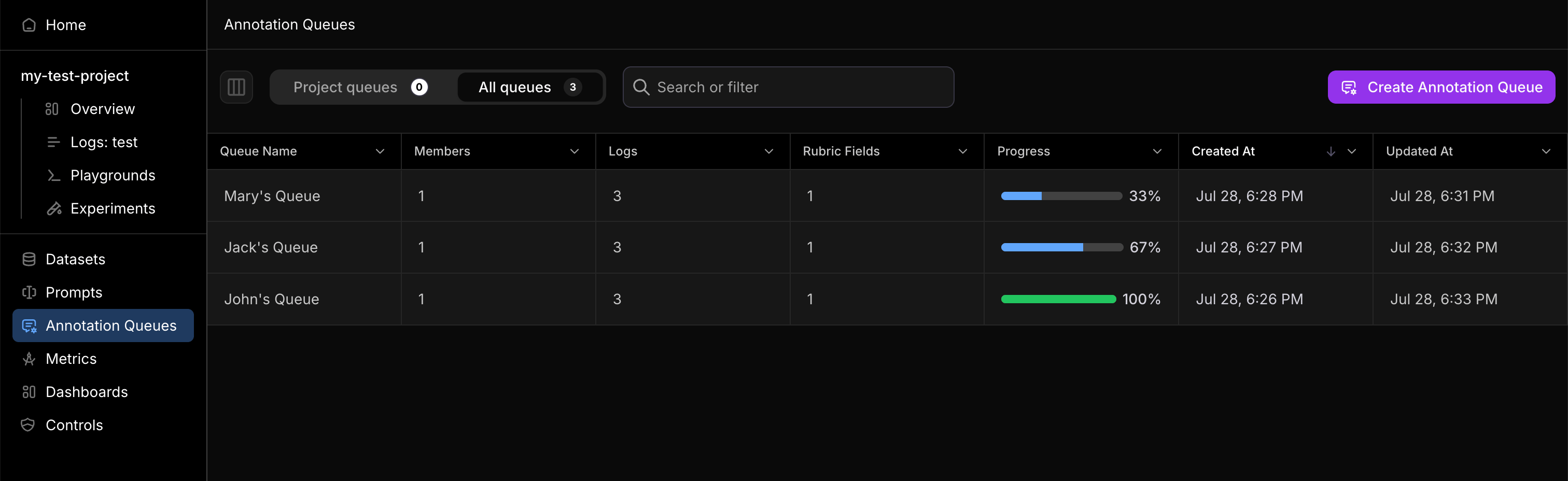 Annotation Queues page in the UI