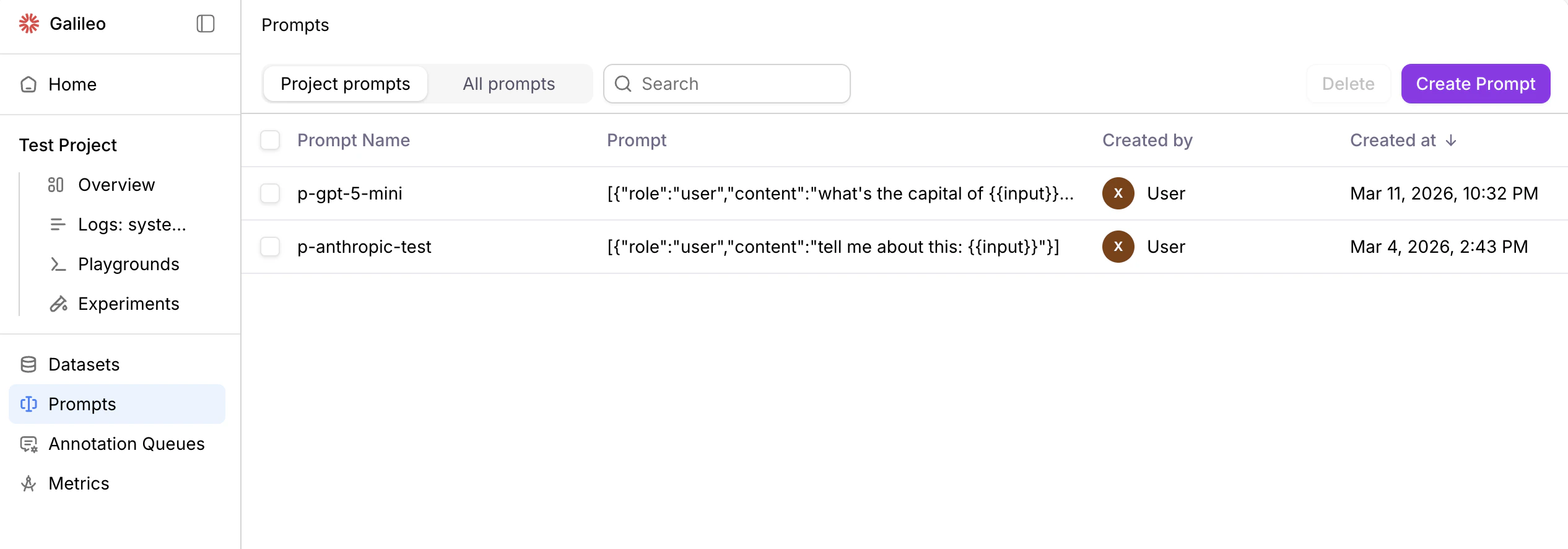 Prompts in the Galileo console