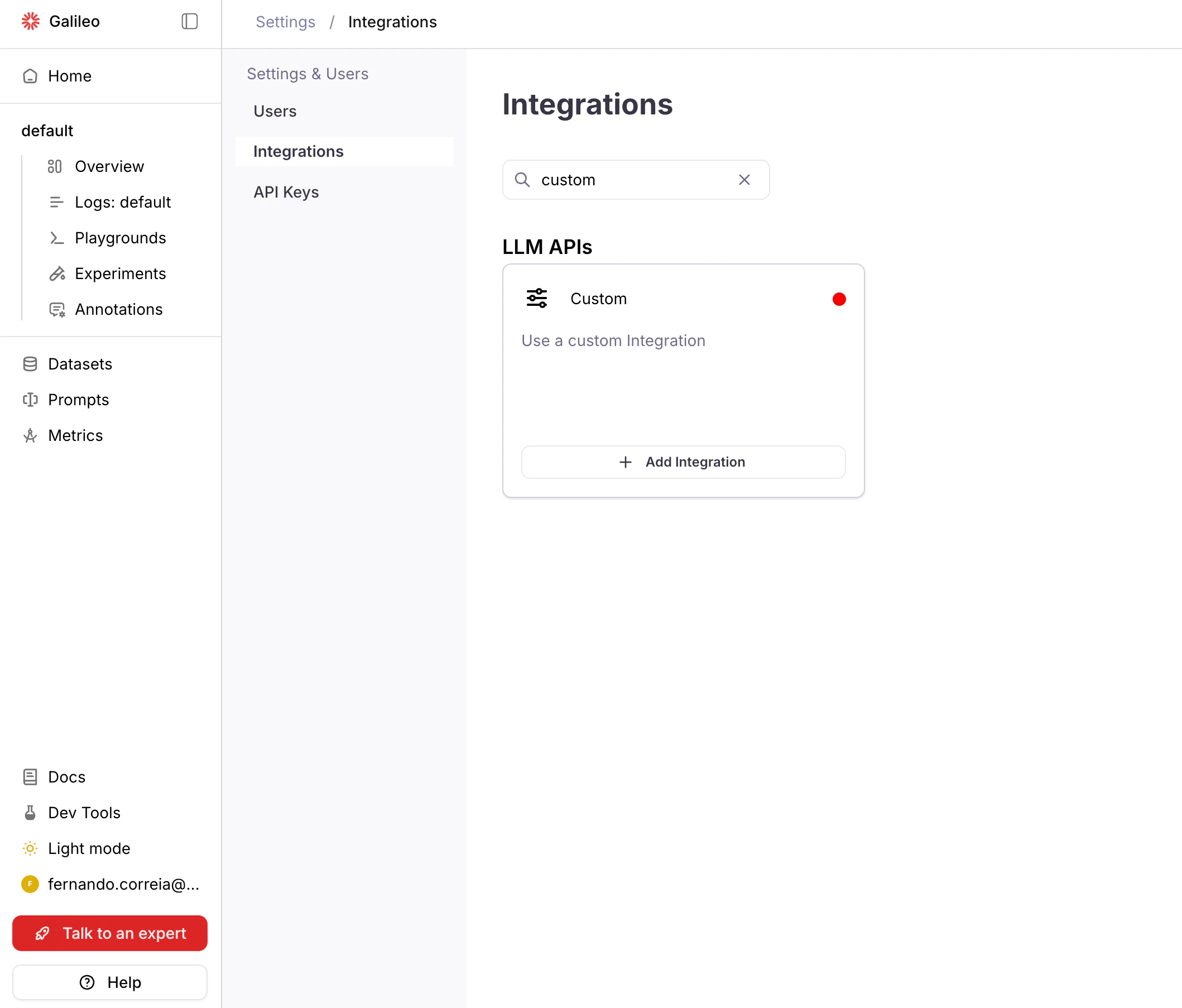 Custom integration in Galileo console