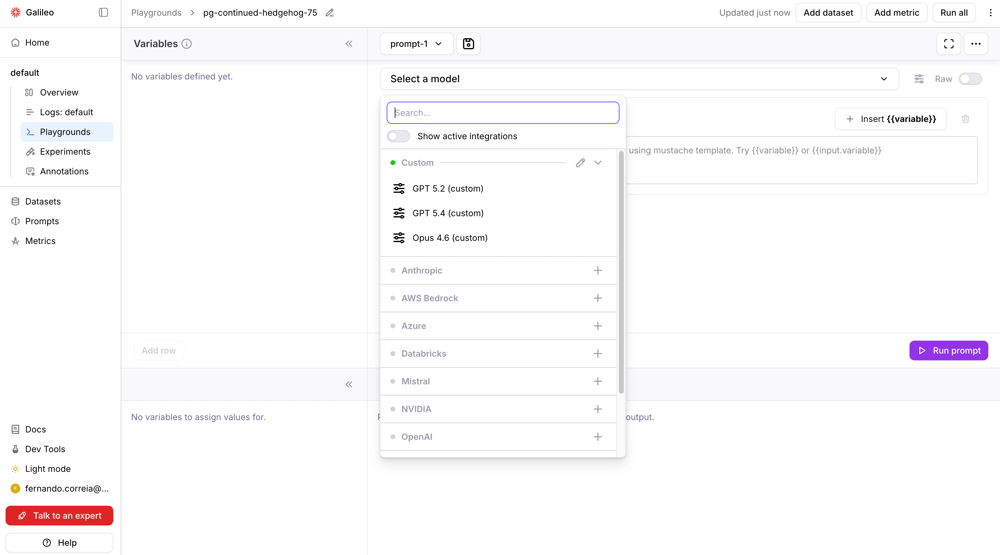 Selecting the custom integration model in the Playground
