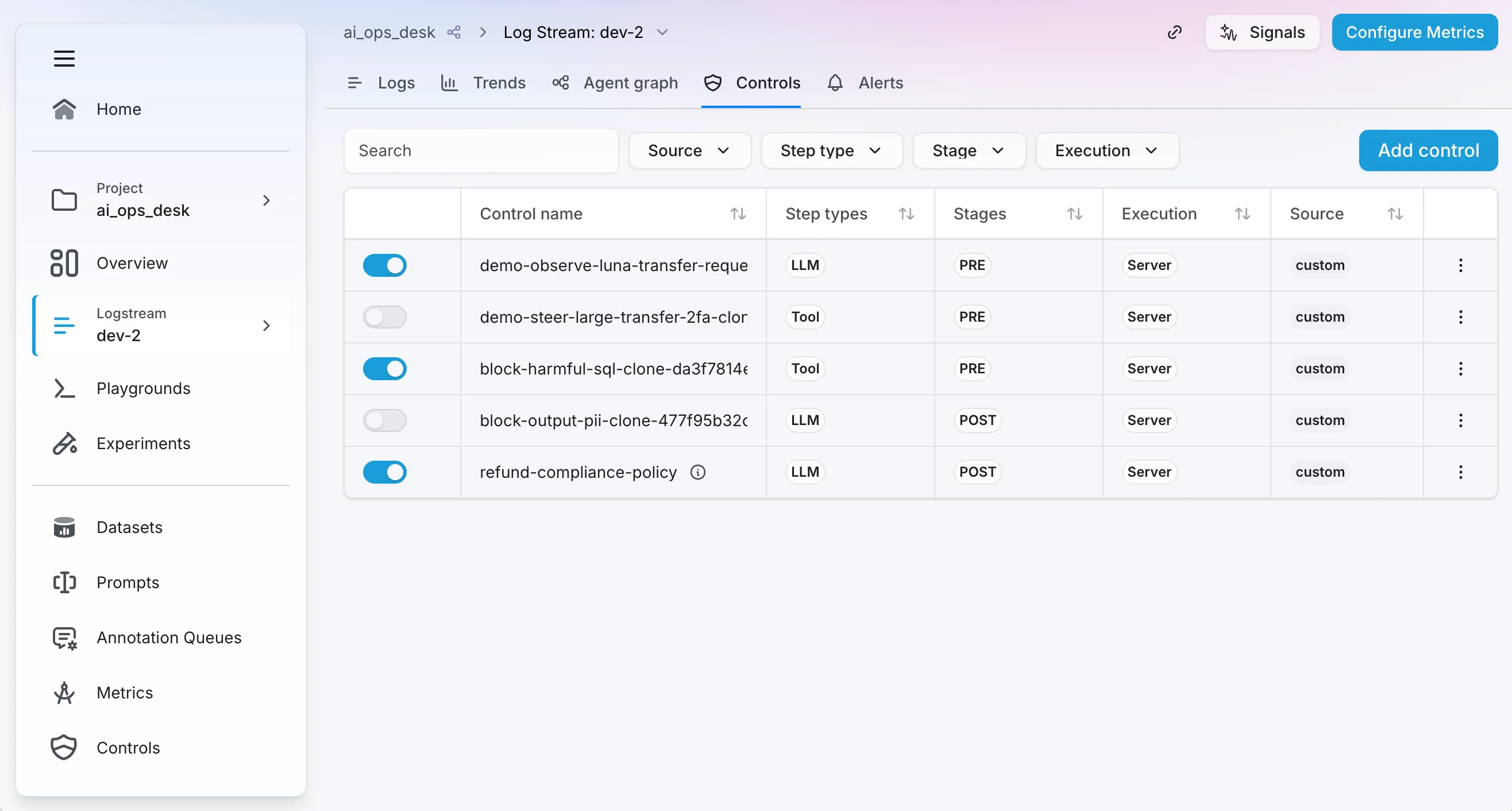 Agent control screenshot