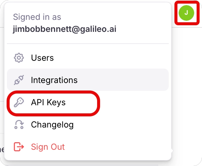 The API key menu