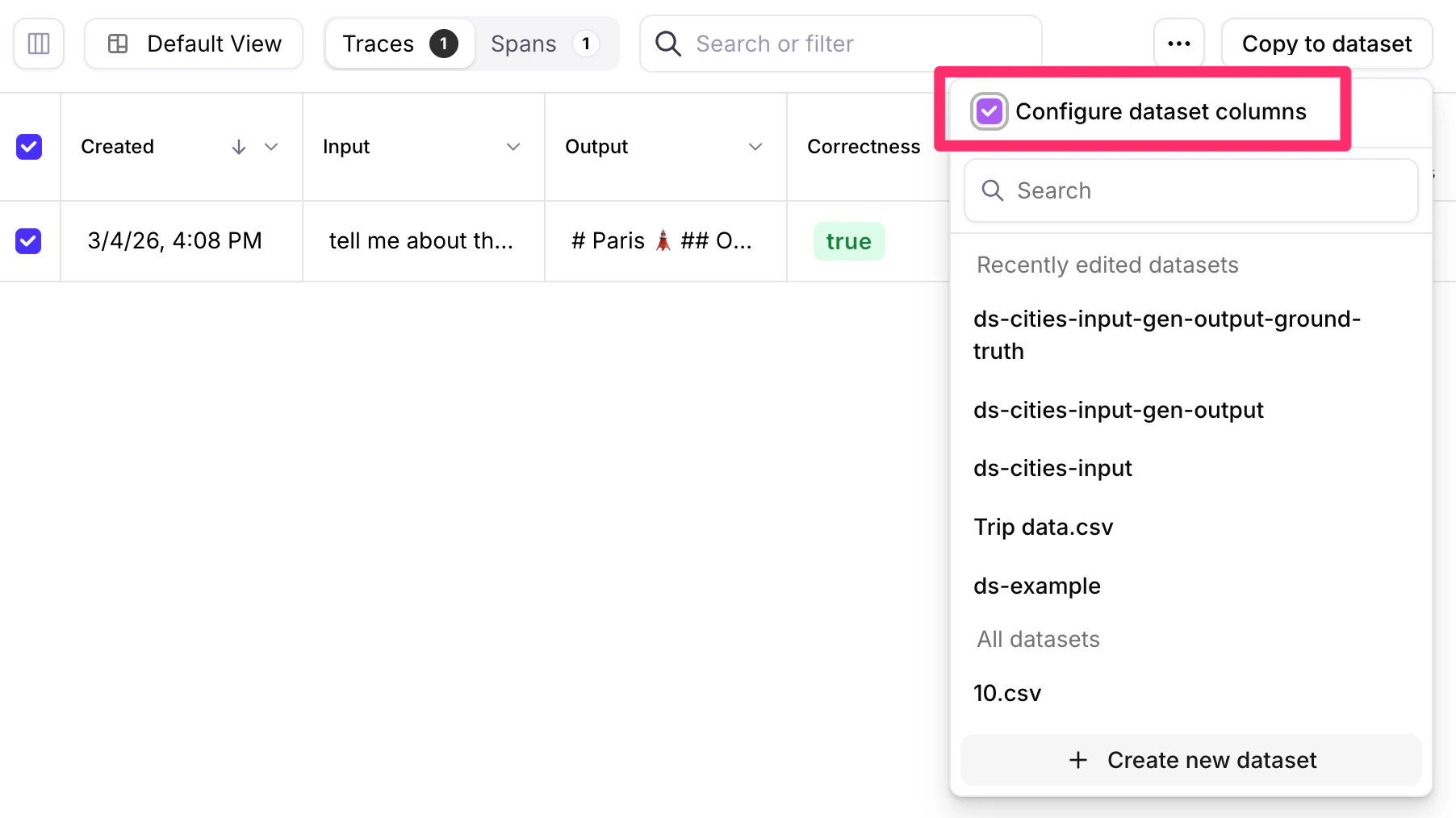 Configuring dataset checkbox